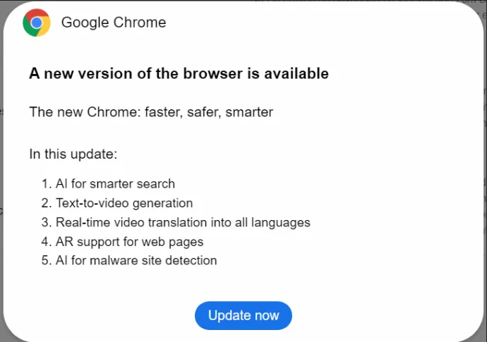 Typical ClearFake dialog prompting an update for Google Chrome which is in reality malware